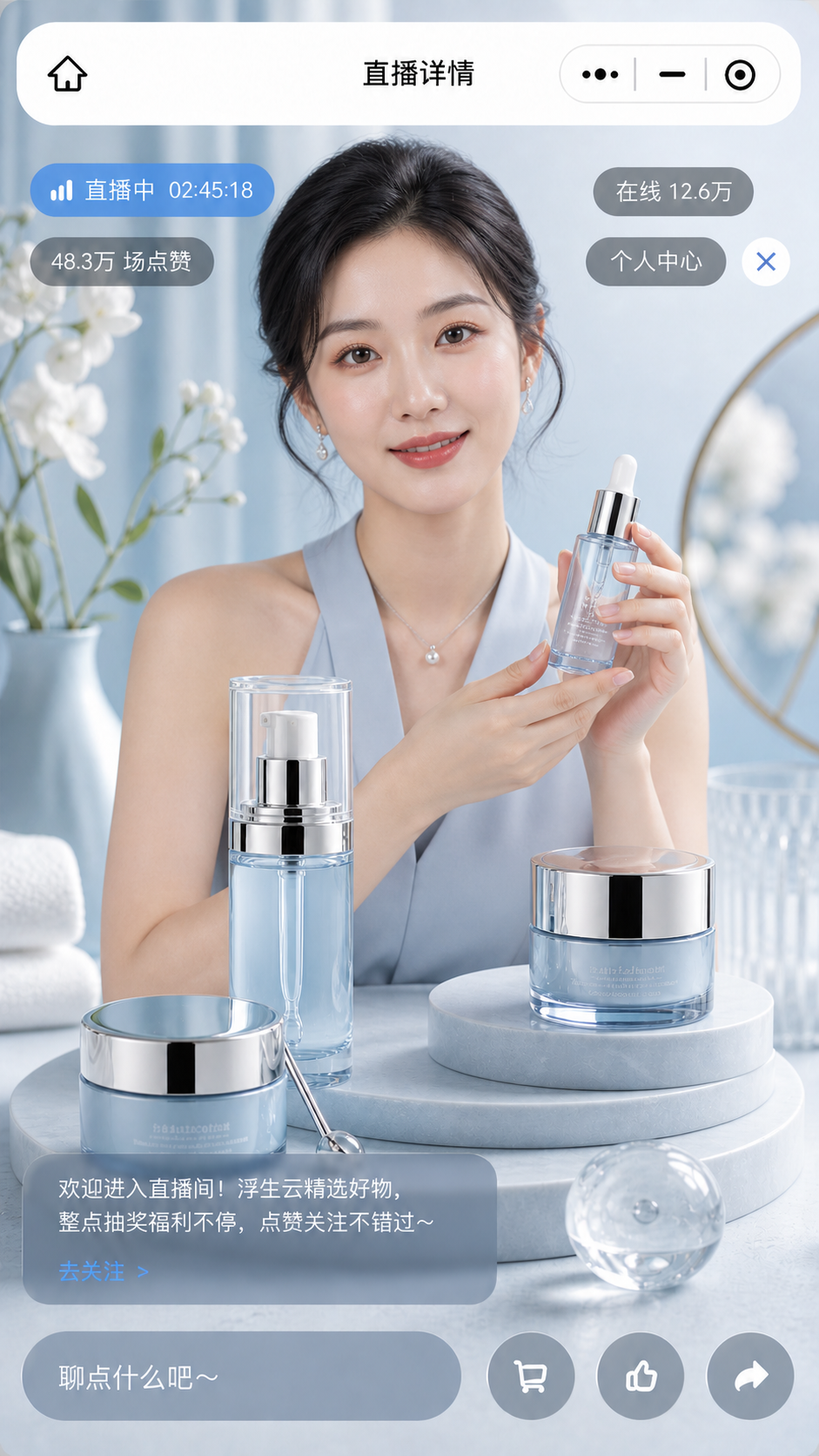 浮生云品牌电商移动直播间，美女主播正在介绍美妆产品